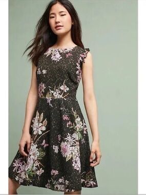 Anthropologie Eri + Ali Nevaeh floral lace fit and flare Dress Sz 0P Black Pink